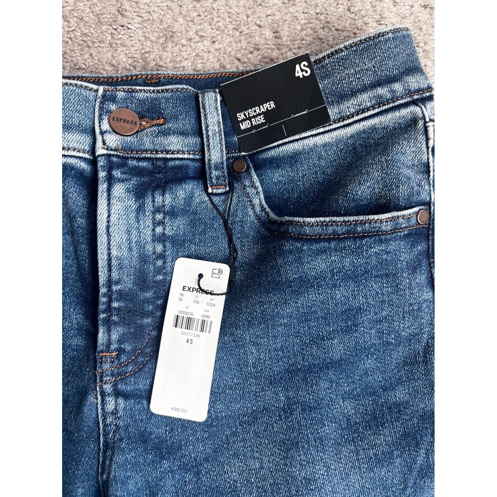 Express Skyscraper Mid Rise Jeans Womens 4S Blue Medium Wash Flare Side Slit NEW